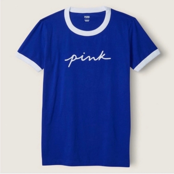 PINK VS Campus Ringer Tee Royal Blue & White Logo Script - Picture 2 of 6